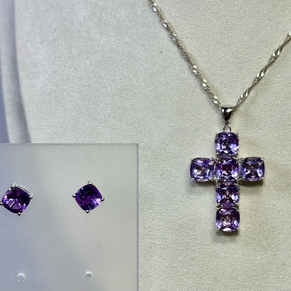 925 Sterling Silver Amethyst Cross Necklace 18” & Earrings SET Lot#697